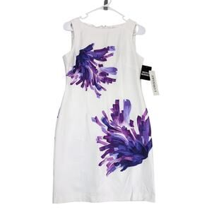 NWT Studio 1 Sz 6 White & Purple Floral Sleeveless Sheath Dress, Summer Resort